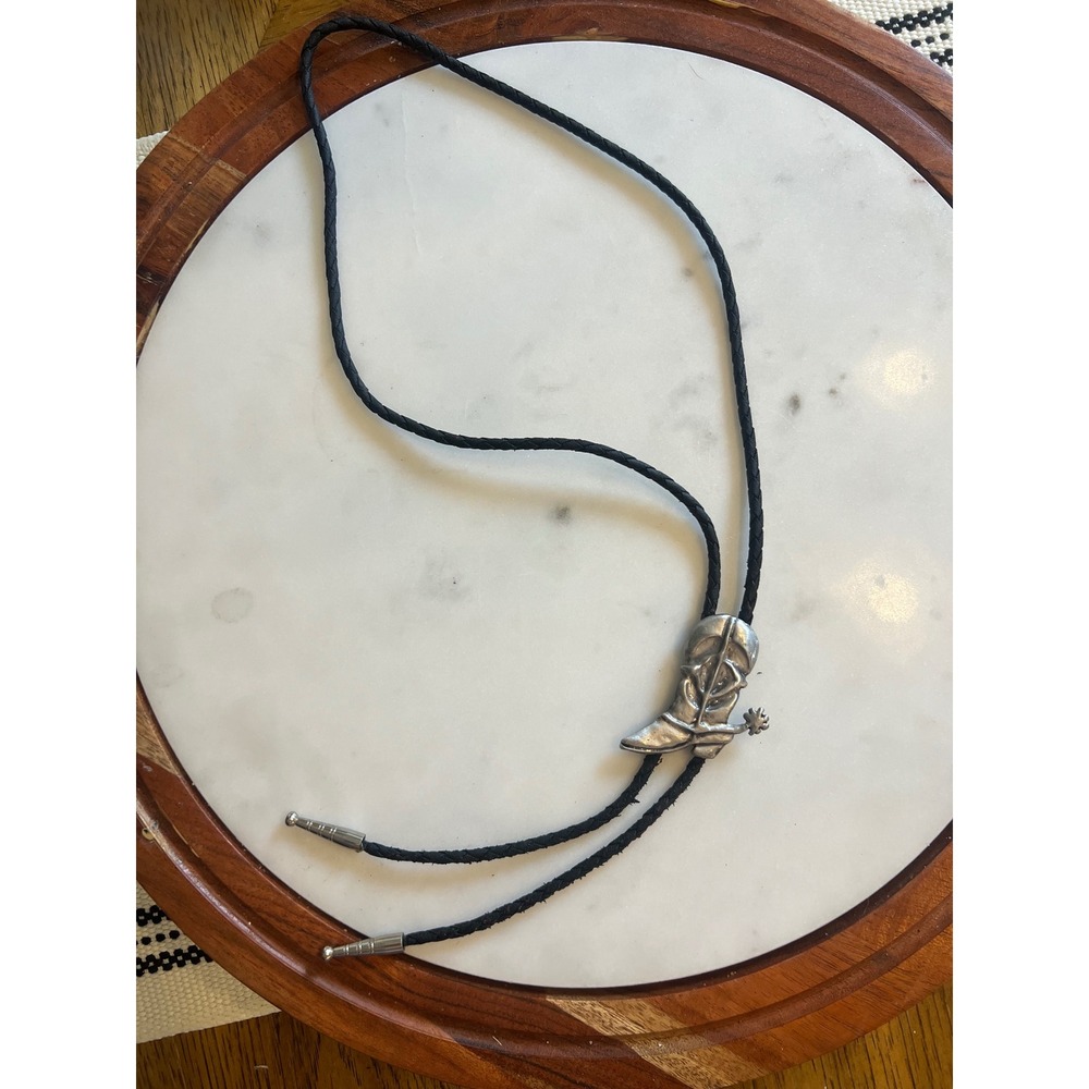 Vintage Cowboy Boot Bolo Tie Silver Tone Western Spur Black Braided Cord